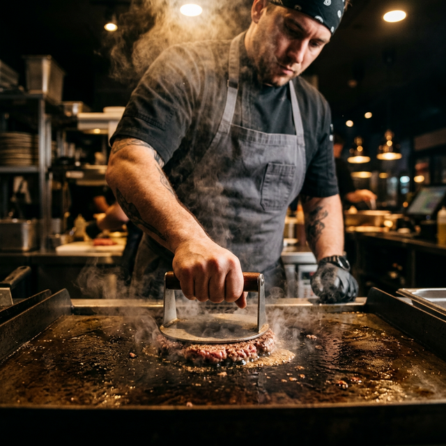 Chef smashing beef patty on griddle
